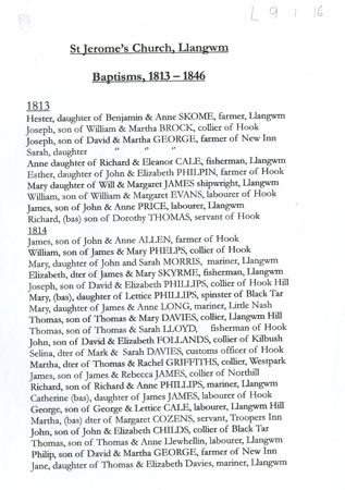 Partial list of Baptisms at St Jerome's Church, Llangwm